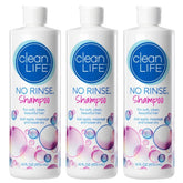 No-Rinse shampoo bottle pour demonstrates quick, rinse-free freshness.