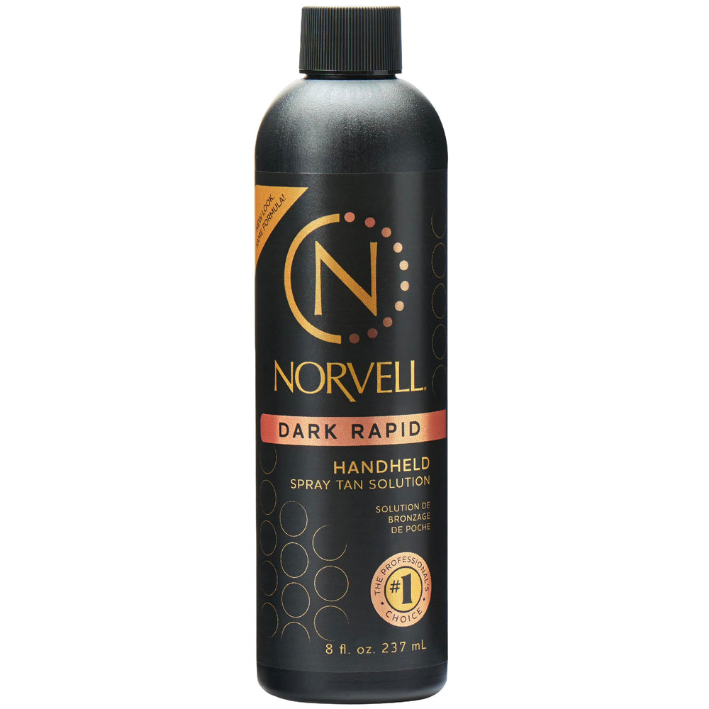 Norvell Premium Spray Tan Solution Dark Rapid bottle shows quick bronze options.