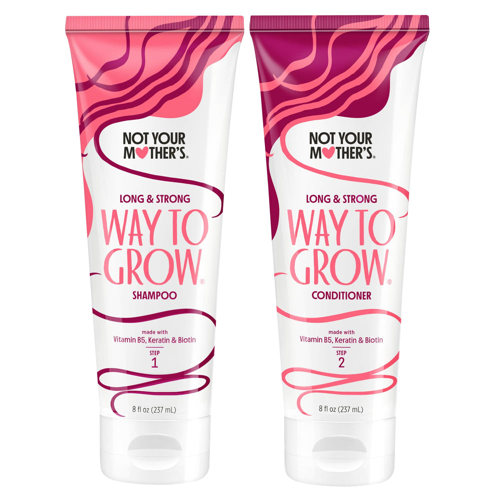Not Your Mother's Way to Grow shampoo bottle highlights vitamin B5 and biotin for stronger-looking hair