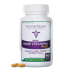 NouriTress Perfect Hair Vitamins Plus bottle front shows premium hair growth support.