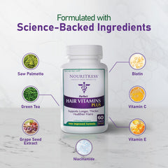 NouriTress Perfect Hair Vitamins Plus capsules closeup highlights soft gel texture for easy daily use.