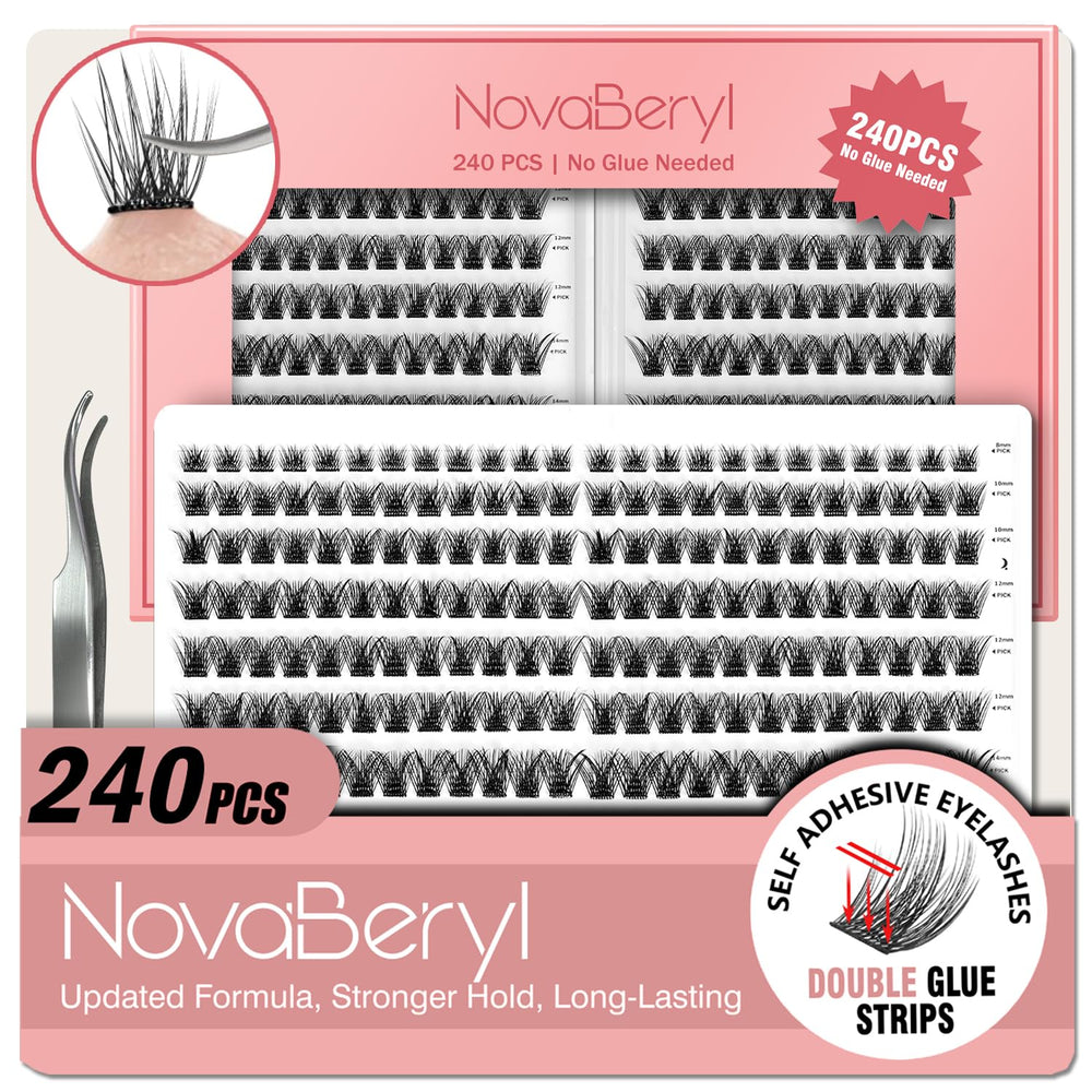 NovaBeryl self-adhesive lash clusters packaging shows easy at-home setup
