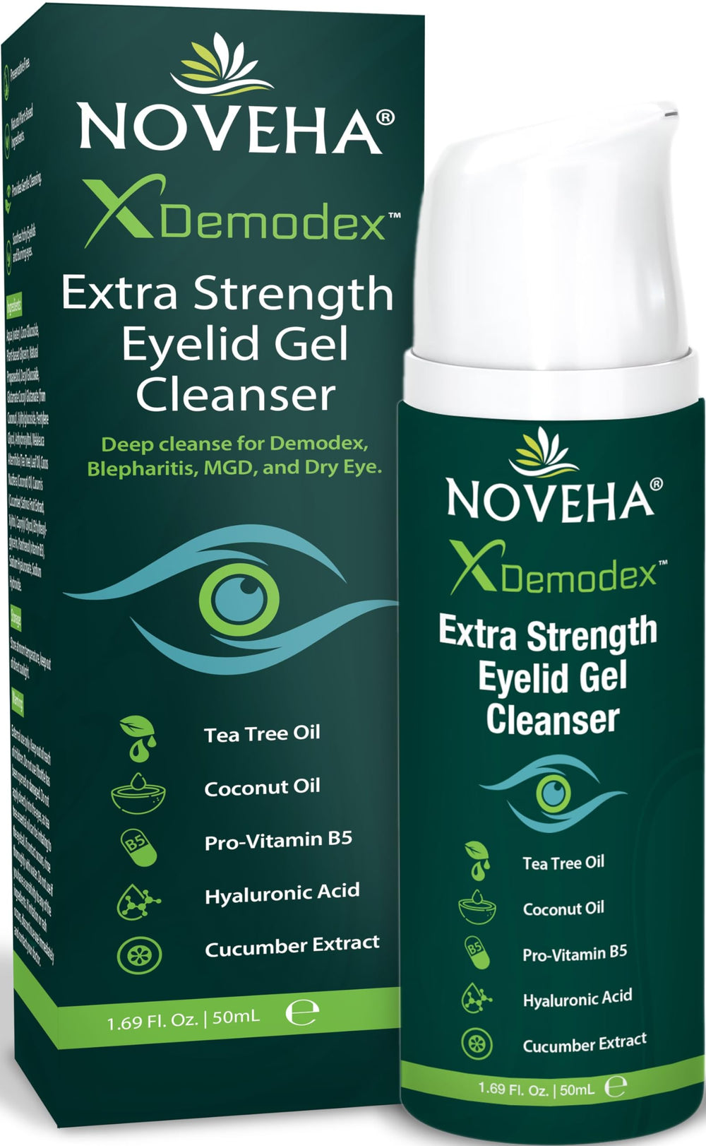 NOVEHA Demodex Eyelid Gel Cleanser bottle with tea tree oil for soothing cleansing.
