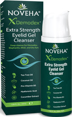 NOVEHA Demodex Eyelid Gel Cleanser bottle with tea tree oil for soothing cleansing.