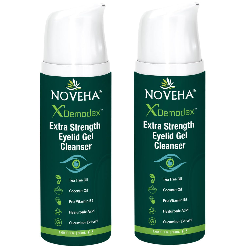 NOVEHA Demodex Eyelid Gel Cleanser two-pack on display for gentle eyelid cleansing