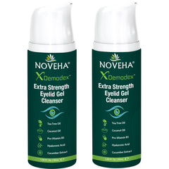 NOVEHA Demodex Eyelid Gel Cleanser two-pack on display for gentle eyelid cleansing