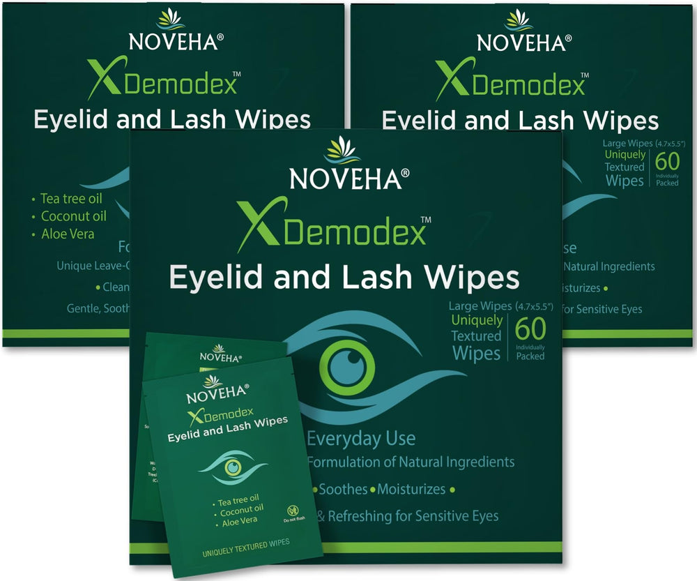 NOVEHA Demodex Eyelid Wipes box front for easy daily cleansing