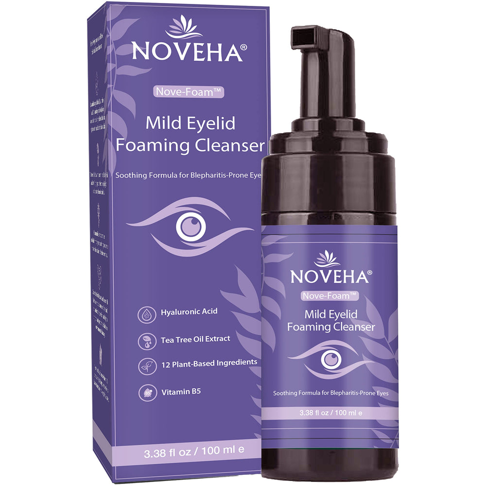 NOVEHA eyelid foaming cleanser bottle close-up for daily eye hygiene