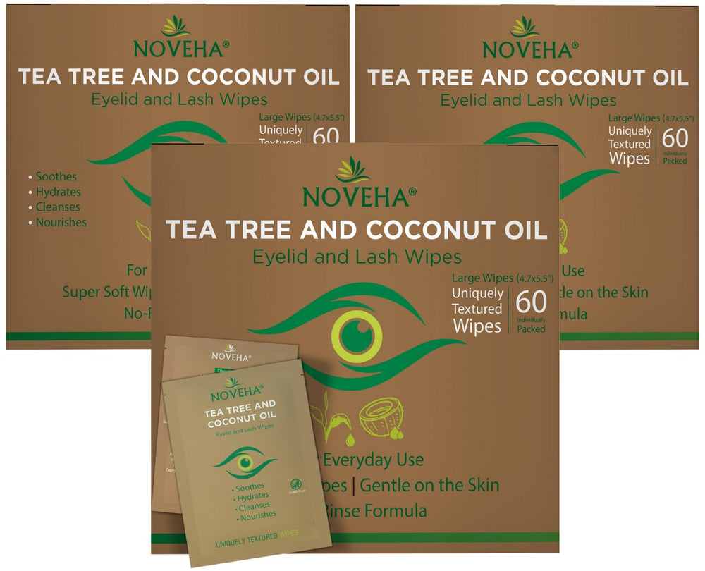 NOVEHA tea tree eyelid wipe pack outer-eye area for daily cleansing.