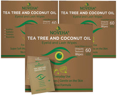 NOVEHA tea tree eyelid wipe pack outer-eye area for daily cleansing.