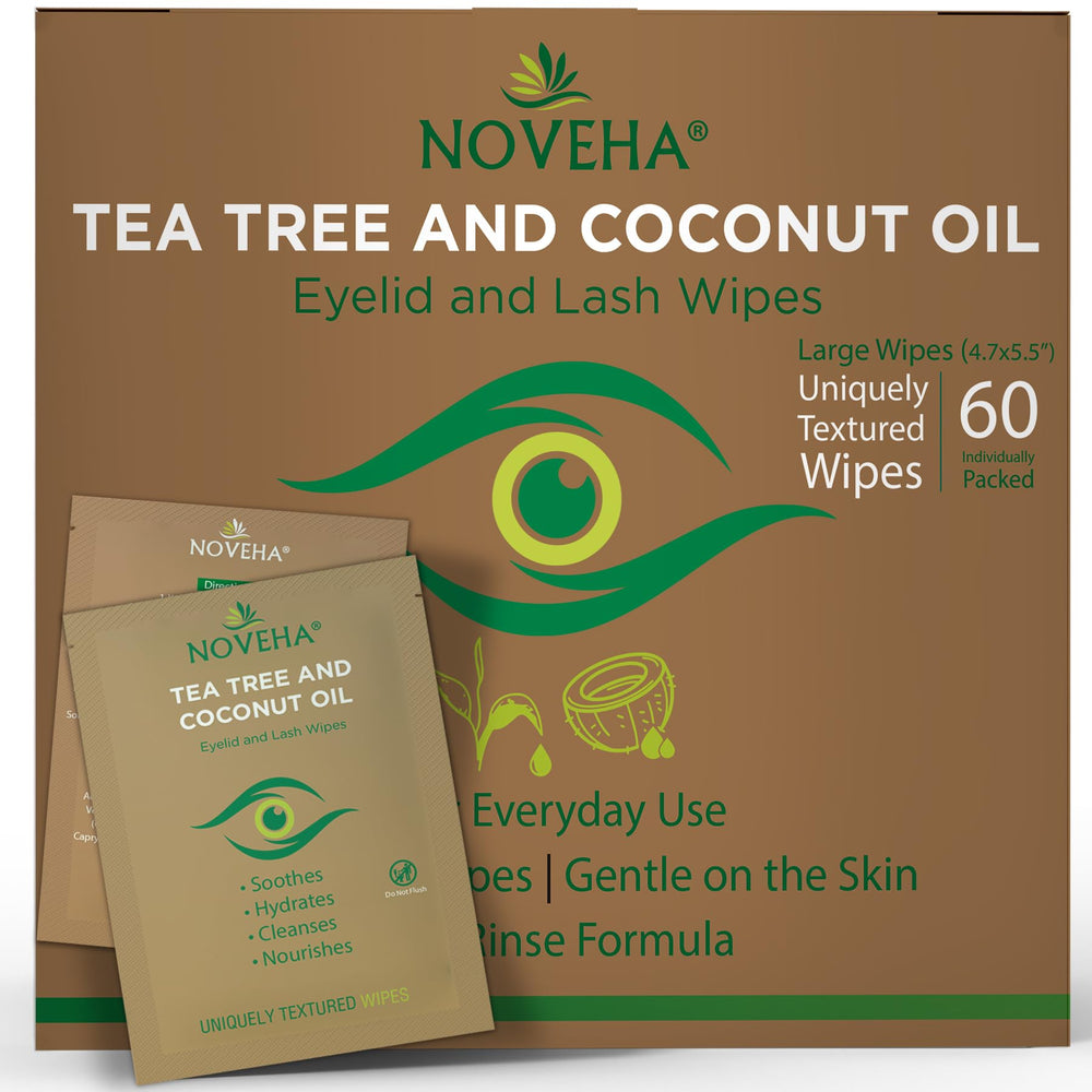 NOVEHA Tea Tree & Coconut Wipes packaging; convenient daily eye and face cleansing on the go.