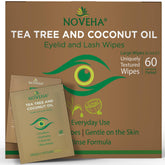 NOVEHA Tea Tree & Coconut Wipes packaging; convenient daily eye and face cleansing on the go.