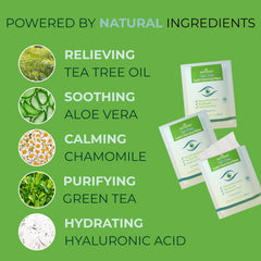 NOVEHA tea tree eyelid wipes individual wrapper emphasizes hygienic use.