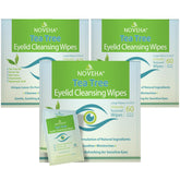 NOVEHA tea tree eyelid wipes pack shows a full box for daily cleansing.