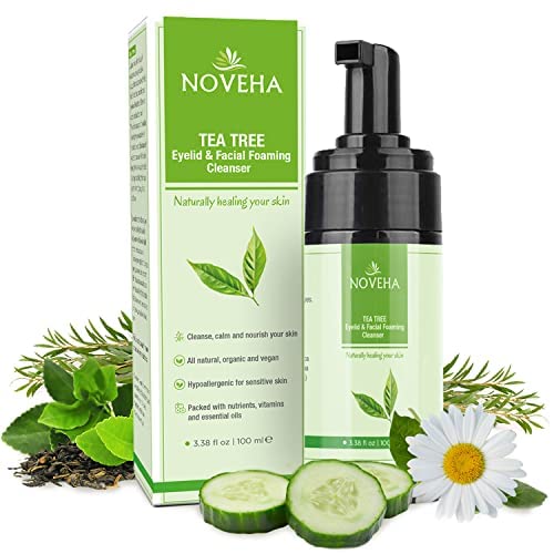 NOVEHA Tea Tree Foaming Cleanser bottle and foam for gentle eyelid cleansing