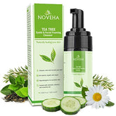 NOVEHA Tea Tree Foaming Cleanser bottle and foam for gentle eyelid cleansing