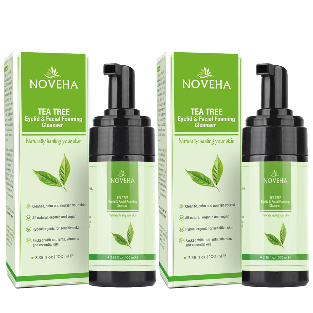 NOVEHA Tea Tree Oil Foaming Cleanser bottle hero for gentle daily eyelid cleansing.