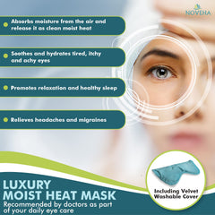 NOVEHA Ultra Warm Compress Eye Mask microwave steps image shows quick relief setup
