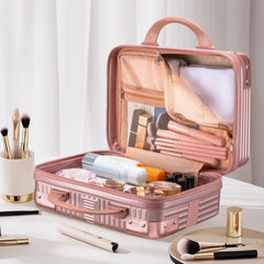 Noverlife rose gold travel case back view with elastic strap attachment for suitcase pole