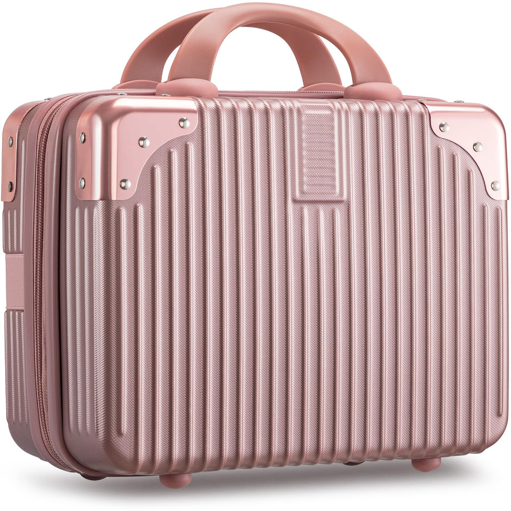 Noverlife rose gold travel makeup case front view, durable hard shell keeps cosmetics protected