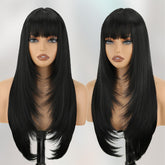 NOVFLKW black long straight layered wig with bangs on model for versatile looks.