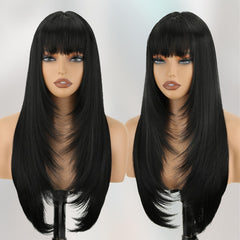 NOVFLKW black long straight layered wig with bangs on model for versatile looks.
