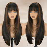 NOVFLKW 26-inch highlight brown wig with bangs for daily wear.
