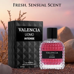 NovoGlow Valencia UOMO Intense base-note smoked vetiver image conveys earthy depth