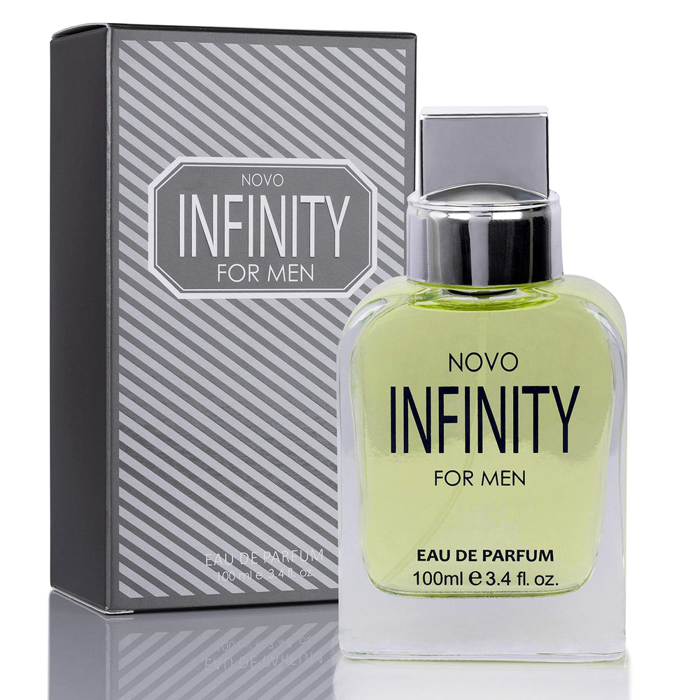 NovoGlow Infinity for Men bottle close-up showing lasting freshness