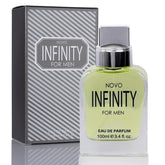 NovoGlow Infinity for Men bottle close-up showing lasting freshness