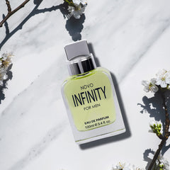 NovoGlow Infinity for Men top-notes citrus image suggests refreshing, versatile daytime scent