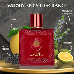 NovoGlow Verse Adonis Red bottle side view highlights premium design.