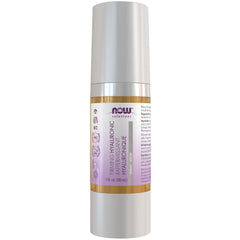 NOW Foods Hyaluronic Acid Serum bottle pump closeup for daily hydration and fine line care.