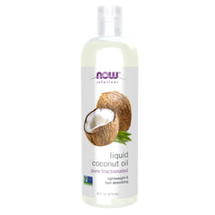 NOW Foods Solutions Liquid Coconut Oil bottle for skin hydration with lightweight feel