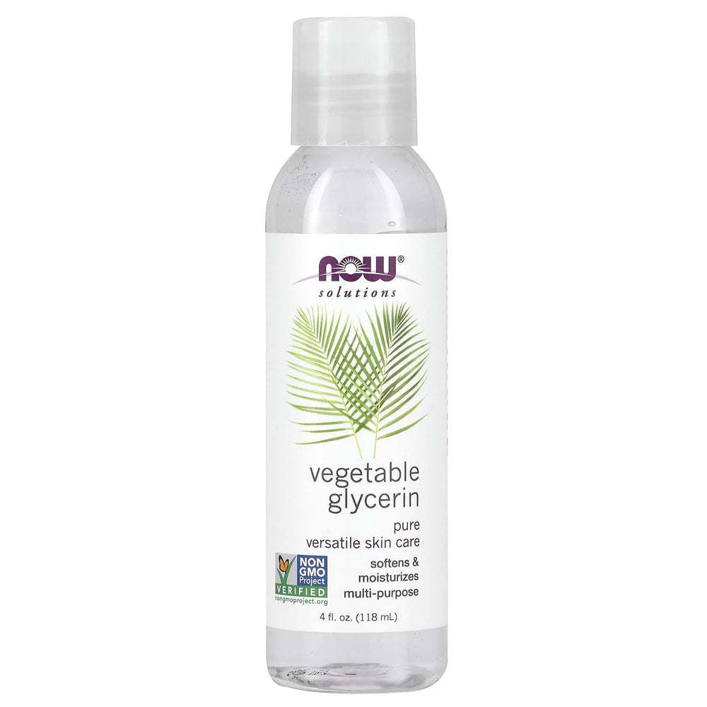 NOW Foods Vegetable Glycerin 4oz bottle close-up for skin care and DIY use