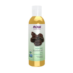 NOW Foods Jojoba Oil bottle highlights pure organic moisturizer for skin and hair.