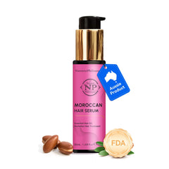 NP NATURES PHILOSOPHY Moroccan Argan Oil bottle highlights anti frizz and shine.