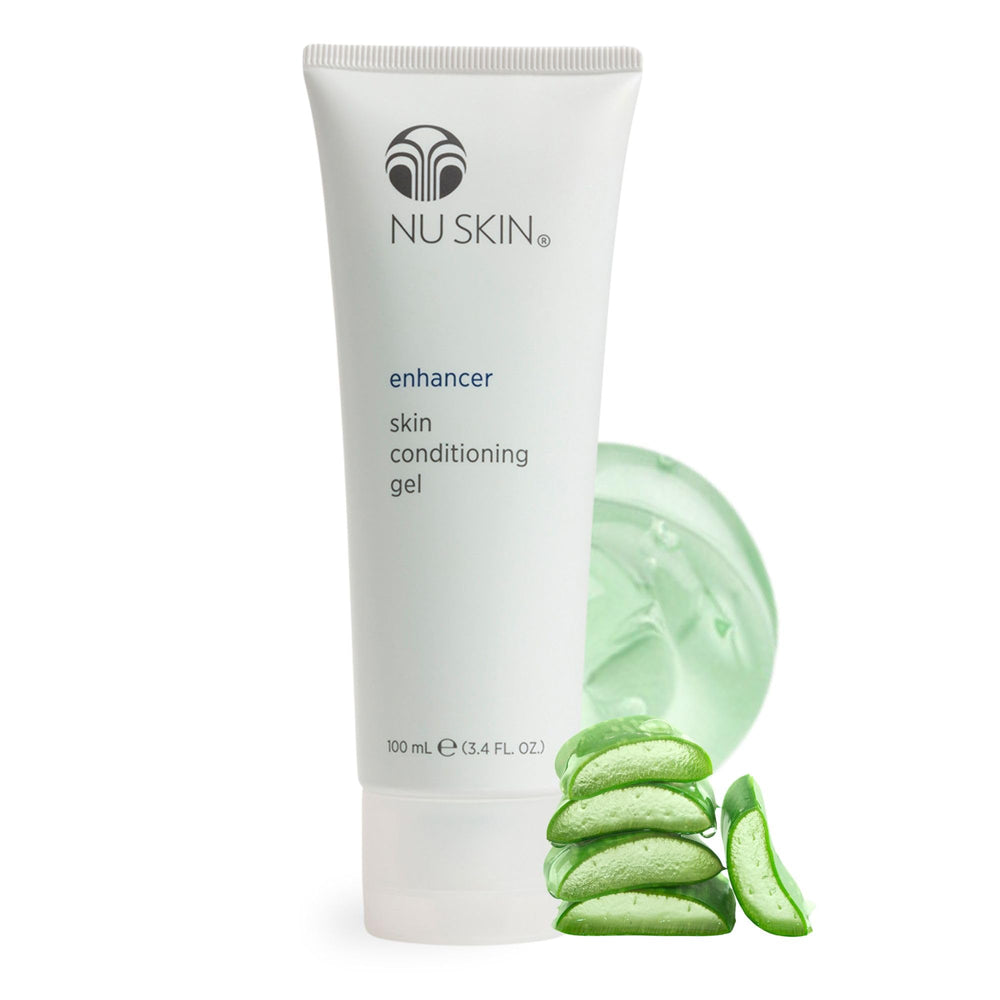 Nu Skin Enhancer Skin Conditioning Gel with aloe infusion delivers soothing hydration.