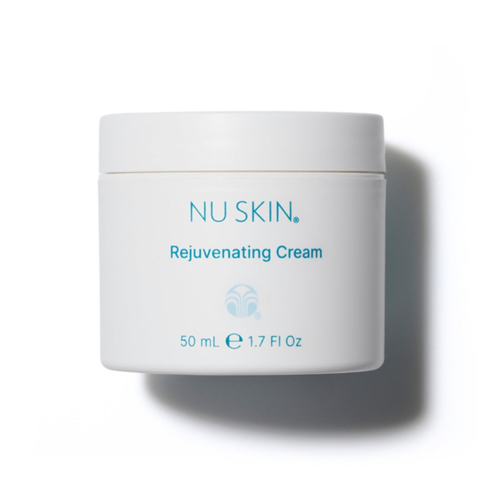 Nu Skin Rejuvenating Cream jar close-up highlighting rich moisture for dry skin.