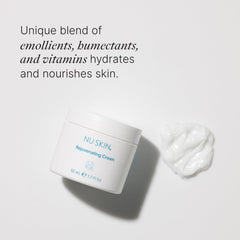 Nu Skin Rejuvenating Cream vitamin blend graphic suggests nourished, healthy-looking skin.