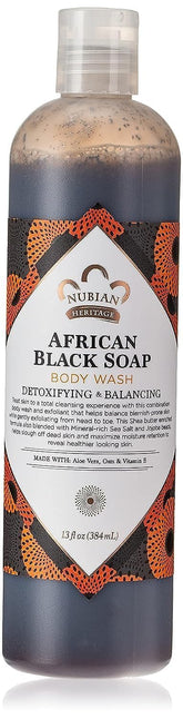Nubian Heritage Body Wash African Black Soap bottle showcases organic formula for balanced, clean skin.