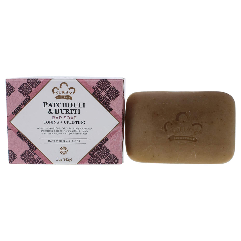 Nubian Heritage barra jabón Patchouli Burití, frente, aroma envolvente para comenzar el día