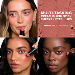 Nudestix Nudies Blush Stick swatch on cheek, eye, lip for natural multi-use color.