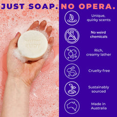 Nudy Rudy Hunny Bunny soap bar puck close-up highlights creamy lather and natural ingredients.