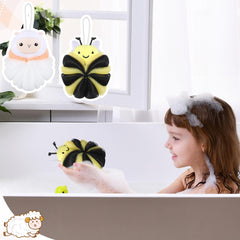 Nuenen loofah with hanging rope shown on hook for easy drying and storage.