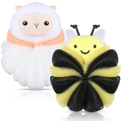 Nuenen kids bath loofah with sheep design provides gentle cleansing and rich foam.
