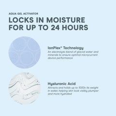 NuFACE hyaluronic acid hydration droplets illustrate lasting moisture.