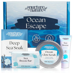 Nurture by Nature Ocean Escape gift set packaging for a calming home spa ritual