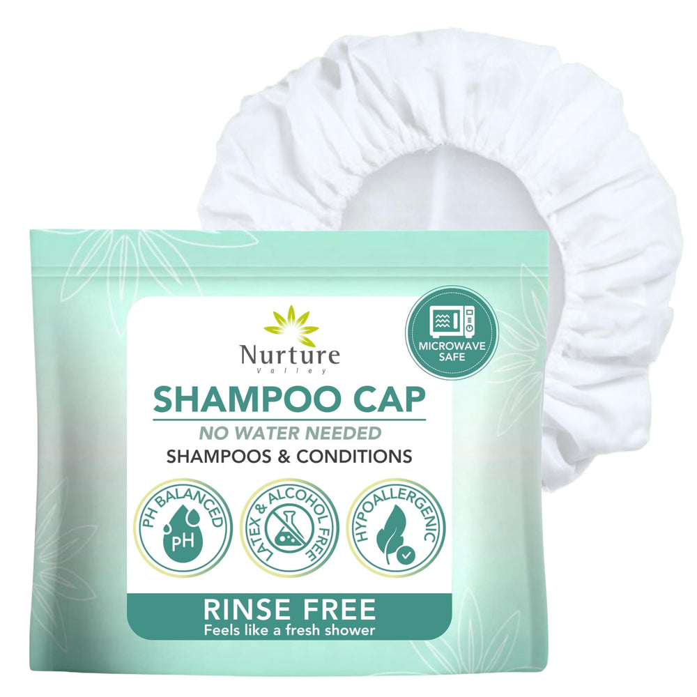Nurture Valley no-water rinse cap applied for quick, mess-free hair washing