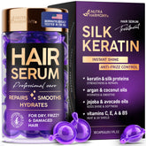 NUTRAHARMONY hair serum capsules bottle close-up for smooth, frizz-free strands.